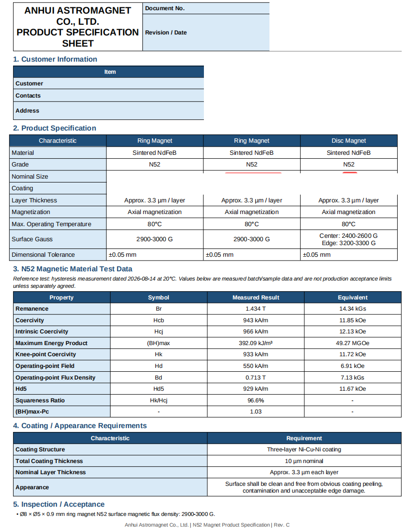 Customer product specification sheet example